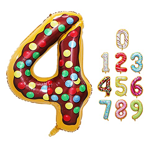 Luftballon Zahlen 4 Happy Birthday Party Deko, mit Donut Eis Motiv, Schweben mit Helium für Geburstagdeko Jubiläum, 40 Zoll 100cm aus Folie, Vivi Idee von Vivi Idee