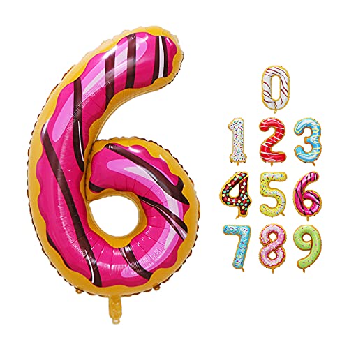 Luftballon Zahlen 6 Happy Birthday Party Deko, mit Donut Eis Motiv, Schweben mit Helium für Geburstagdeko Jubiläum, 40 Zoll 100cm aus Folie, Vivi Idee von Vivi Idee