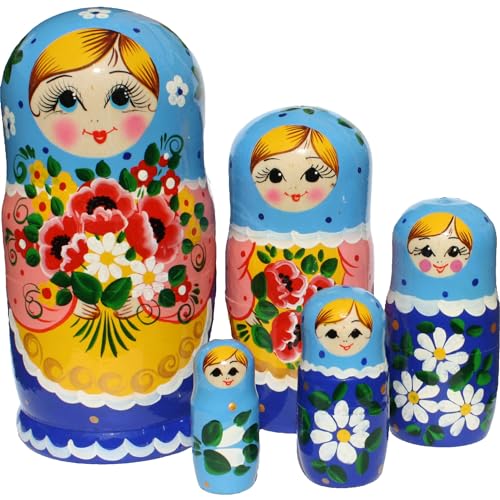 N_FROMM Matroschka Puppen Babuschka Holz Deko Figuren Holz Set aus 5 Holzfiguren Sommerblumen 19 cm hoch von N_FROMM