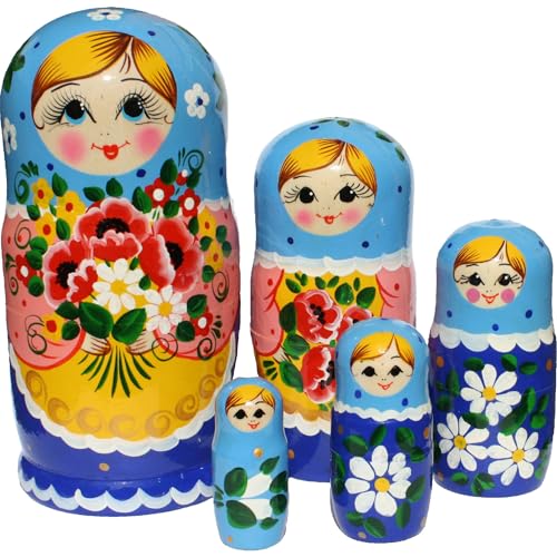 N_FROMM Matroschka Matrjoschka Puppen Babuschka Holz Deko Figuren Holz Set aus 5 Holzfiguren Sommerblumen 19 cm hoch von N_FROMM