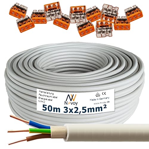 NYM-J 3x2,5 mm² 50m Mantelleitung Installationskabel mit 12 Stück WAGO Klemmen M91 von N-voy