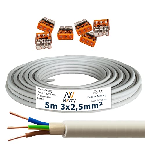 NYM-J 3x2,5 mm² 5m Mantelleitung Installationskabel mit 6 Stück WAGO Klemmen M123 von N-voy