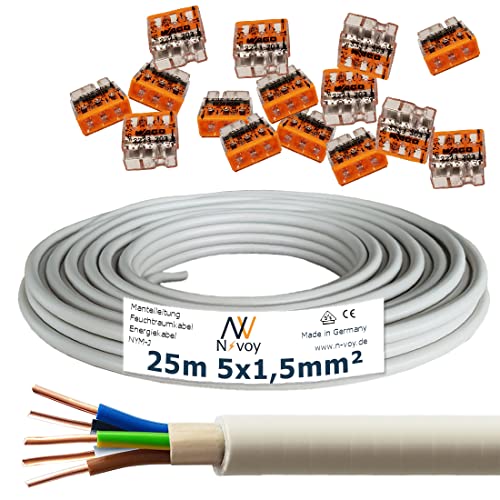 NYM-J 5x1,5 mm² 25m Mantelleitung Installationskabel mit 15 Stück WAGO Klemmen M131 von N-voy