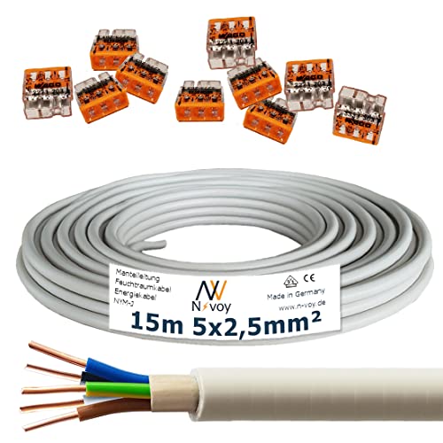 NYM-J 5x2,5 mm² 15m Mantelleitung Installationskabel mit 10 Stück WAGO Klemmen M127 von N-voy