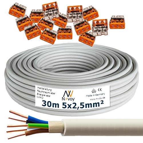 NYM-J 5x2,5 mm² 30m Mantelleitung Installationskabel mit 15 Stück WAGO Klemmen M105 von N-voy