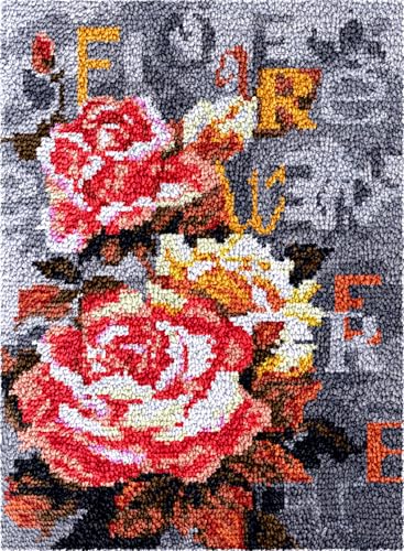 Diy Knüpfteppich Zum Selber Knüpfen Knüpfhaken-Teppich-Set Mit Roten Rosen，Retro-Blumen，Knüpfhaken-Teppich-Set Für Erwachsene，Teppich-Verschlusshaken-Knüpfset Mit Vordruck，Diy-3D-Baste 21x29in von N.LANSHAN