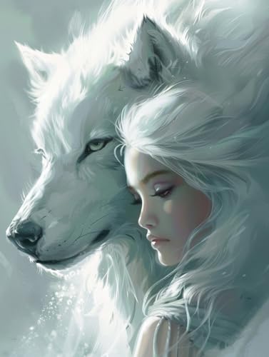 N.LANSHAN DIY Knüpfteppich Bastelset Weißer Wolf Und Frau Fantasy Tiere 39x55in, Gedrucktes Augenstuch, Hakennadel, Acryl, Lebensgröße, 7+ Jahre, Traditionell, Unfertig, Nicht Faltbar von N.LANSHAN