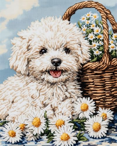 Diy Teppich Knüpfen Set Knüpfpackungen Mit Tiermotiven Von Bichon Frise Für Erwachsene，Hund Und Blumenkorb，Knüpfpackungen Für Teppiche Zum Selbermachen Für Anfänger，Unfertiger Häkeltepp 55x75cm von N.LANSHAN