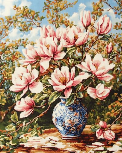 N.LANSHAN 11CT Diy Kreuzstich Set Fantasierosa Magnolie Stickvorlagen Stickbilder Kreuzstich Vorgedruckt, Bilder Stickerei Set Diy Stickpackung Kits 40x50cm von N.LANSHAN