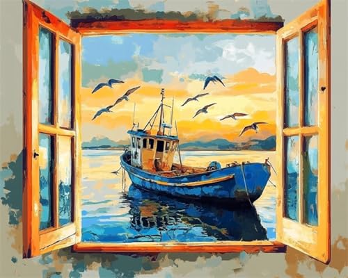 N.LANSHAN 11CT Diy Kreuzstich Set Seefischerbootlandschaft Kreuzstich Stickpackungen Vorgedruckt,Stickerei Set Stickset Sticken Kit Erwachsene Anfänger 50x70cm von N.LANSHAN