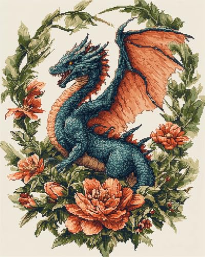 N.LANSHAN 11CT Diy Stickbilder Erwachsene Drache Und Blumen Stickvorlagen Stickbilder Kreuzstich Vorgedruckt, Bilder Stickerei Set Diy Stickpackung Kits 60x80cm von N.LANSHAN