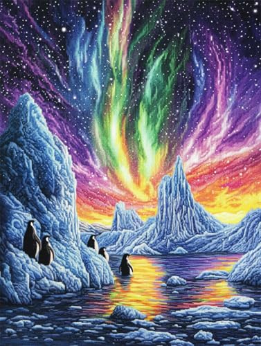 N.LANSHAN 11CT Diy Sticken Set Erwachsene Pinguintiere Und Landschaft Stickvorlagen Stickbilder Kreuzstich Vorgedruckt, Bilder Stickerei Set Diy Stickpackung Kits 30x40cm von N.LANSHAN
