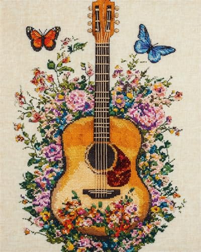 N.LANSHAN 11CT Diy Stickset Für Anfänger Blumen Und Gitarrenmusikinstrument Vorgedruckt Kreuzstich Stickpackungen Stickbild Stickset Sticken Set Für Erwachsene 30x40cm von N.LANSHAN