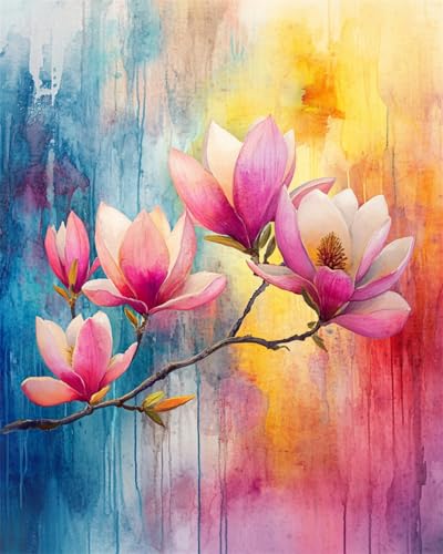 N.LANSHAN 11CT Diy Stickvorlagen Kreuzstich Aquarell Rosa Magnolienblüte Vorgedruckt Kreuzstich Stickpackungen Stickbild Stickset Sticken Set Für Erwachsene 60x80cm von N.LANSHAN