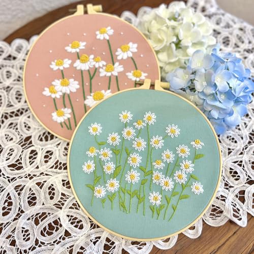 N.LANSHAN 2Pcs Sticken Set Erwachsene Stick-Starter-Set Mit Weißen Gänseblümchen 30x30cm von N.LANSHAN