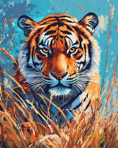 N.LANSHAN DIY Knüpfen Set Teppich Tiger Tier Und Landschaft Diy-Teppichbasteln Mit Farbig Bedruckter Leinwand，Häkel- Und Stickset，Heimdeko 90x120cm von N.LANSHAN