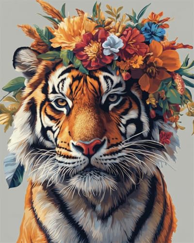N.LANSHAN DIY Knüpfen Set Teppich Tigertier Mit Blumen Auf Dem Kopf Diy-Knüpfteppich-Set，Teppichherstellungssets，Kreuzstich-Stickerei-Sets，Handarbeiten 100x140cm von N.LANSHAN