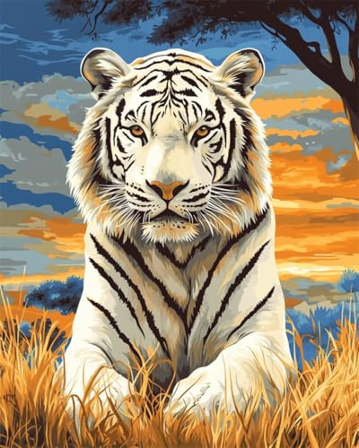 N.LANSHAN DIY Knüpfen Set Teppich Weißer Tiger Tier Und Landschaft Knüpfteppich-Set Für Erwachsene Und Kinder，Kreuzstich-Sets，Teppich，Wandteppich，Handarbeit 100x140cm von N.LANSHAN