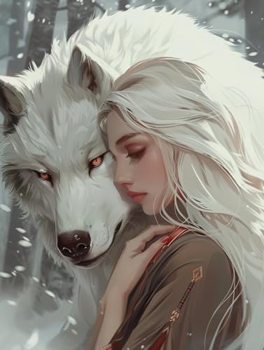 N.LANSHAN DIY Knüpfstern Set Anime Weißer Wolf Und Frau Knüpfteppich-Set，Handgefertigte Teppich-Sets Mit Vordruck，DIY 3D-Bastelgeschenk 60x90cm von N.LANSHAN