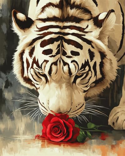 N.LANSHAN DIY Knüpfstern Set Fantasie Weißer Tiger Und Rosen Knüpfteppich-Set，Handgefertigte Teppich-Sets Mit Vordruck，DIY 3D-Bastelgeschenk 55x75cm von N.LANSHAN