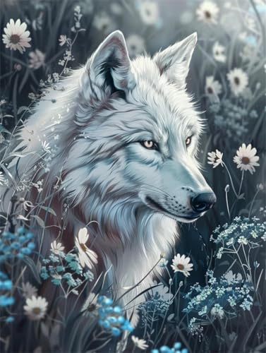 N.LANSHAN DIY Knüpfstern Set Fantasie Weißer Wolf Tier Knüpfteppich-Set，Handgefertigte Teppich-Sets Mit Vordruck，DIY 3D-Bastelgeschenk 80x115cm von N.LANSHAN