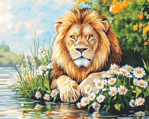 N.LANSHAN DIY Knüpfteppich Cartoon-Blumen Und Löwen Am Flussufer Knüpfteppich-Set Für Anfänger，Stickset，3D-Bastelsets，Dekoration 90x120cm von N.LANSHAN