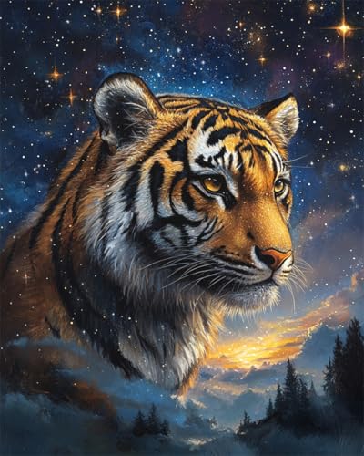N.LANSHAN DIY Knüpfteppich Fantasy-Tiger Und Sternenhimmel Teppich-Sets Für Anfänger: Wandteppich-Set，Stickerei，Fußmatten，Fußmatte，Geschenk 90x120cm von N.LANSHAN