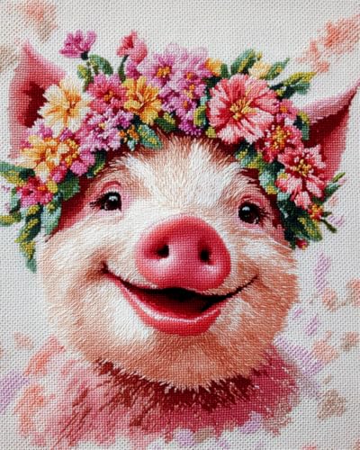 N.LANSHAN DIY Knüpfteppich Knüpfhaken-Set „Schwein Mit Kranz“，Fantasietiere，Knüpfhaken-Teppich-Set，Teppich-Verschlusshaken-Knüpfset Mit Vordruck，DIY 3D-Bastelgeschenk 60x90cm von N.LANSHAN