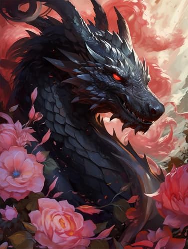 N.LANSHAN DIY Knüpfteppich Zum Selber Knüpfen Anime Schwarzer Drache Und Blumen Diy-Knüpfteppich-Sets Für Anfänger，Unfertige Häkel- Und Stickteppiche 90x120cm von N.LANSHAN