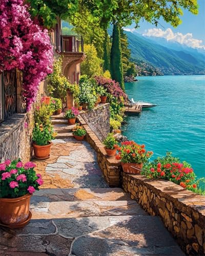 N.LANSHAN DIY Teppich DIY Set Blumenlandschaft Eines Fischerdorfes Am Meer Knüpfteppich-Sets Für Anfänger,Diy-Handarbeit,Häkelteppich-Set,Heimdekoration 80x115cm von N.LANSHAN
