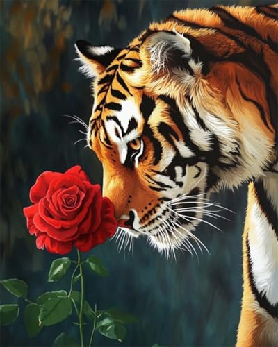 N.LANSHAN DIY Teppich DIY Set Fantasie-Tiger Und Rosen Knüpfteppich-Sets Für Anfänger，Diy-Handarbeit，Häkelteppich-Set，Heimdekoration 80x115cm von N.LANSHAN