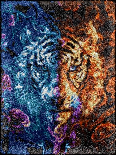N.LANSHAN DIY Teppich DIY Set Fantasy Wasser Und Feuer Tiger Knüpfteppich-Set，Handgefertigte Teppich-Sets Mit Vordruck，DIY 3D-Bastelgeschenk 100x140cm von N.LANSHAN