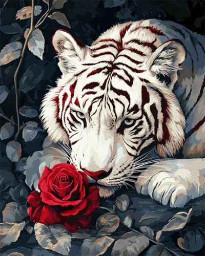 N.LANSHAN DIY Teppich Knüpfen Set Fantasie Weißer Tiger Und Rosen Knüpfteppich-Set，Handgefertigte Teppich-Sets Mit Vordruck，DIY 3D-Bastelgeschenk 90x120cm von N.LANSHAN