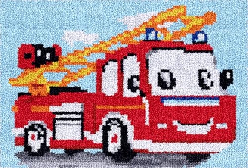 N.LANSHAN Diy Knüpfteppich Bastelset Mit Cartoon-Auto，Feuerwehrauto-Muster，Knüpfhaken-Set，Diy-Teppichherstellung，Basteln Mit Buntem Muster Bedruckt，Stickset，Nähsets 39x55in von N.LANSHAN