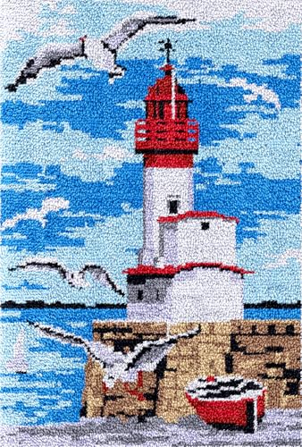 N.LANSHAN Diy Knüpfteppich Zum Selber Knüpfen Knüpfkissen-Set Mit Leuchtturm Am Meer，Möwentier，Diy-Knüpfteppich，Heimteppich-Kreativset Aus Canvas，Knüpfsets Für Anfänger Und Erwachsene 23x35in von N.LANSHAN