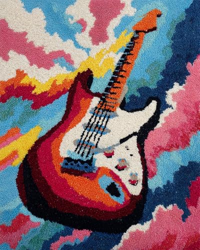 N.LANSHAN Diy Teppich Knüpfen Set Cartoon Musik Gitarre Diy-Knüpfset Für Teppiche，Häkelset Für Anfänger，Teppichset Mit Bedruckter Leinwand，Geschenk 52x38cm von N.LANSHAN