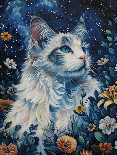N.LANSHAN Diy-Teppich Knüpfstern Fantasie-Katzentiere Und Blumen Diy-Teppich-Set，Kreuzstich-Sets，Handarbeit Für Anfänger，Heimdekoration 100x140cm von N.LANSHAN