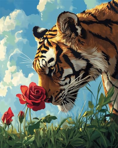 N.LANSHAN Diy-Teppich Knüpfstern Fantasie-Tiger Und Rosen Knüpfteppich-Set Für Erwachsene Und Kinder，Kreuzstich-Sets，Teppich，Wandteppich，Handarbeit 90x120cm von N.LANSHAN