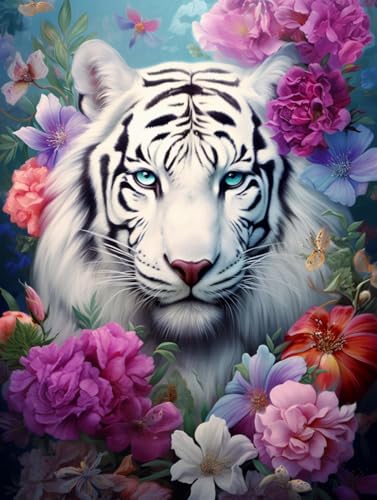 N.LANSHAN Diy-Teppich Knüpfstern Fantasie Weißer Tiger Und Blumen Diy-Knüpfteppich-Sets Für Anfänger，Unfertige Häkel- Und Stickteppiche 55x75cm von N.LANSHAN