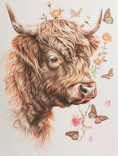 N.LANSHAN Diy-Teppich Knüpfstern Hochlandrinder Tiere Und Schmetterlinge Diy-Teppich-Set，Kreuzstich-Sets，Handarbeit Für Anfänger，Heimdekoration 100x140cm von N.LANSHAN