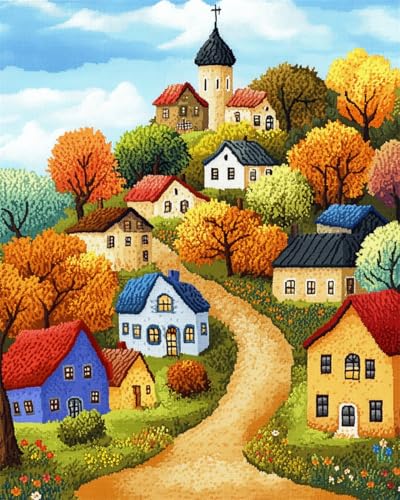 N.LANSHAN Diy-Teppich Knüpfstern Knüpfkissen-Set Mit Ländlicher Landschaft，Cartoon-Stadt-Teppich-Bastelset，Knüpfteppich-Set，Gobelin-Kissen，Vorgedruckte Muster 55x75cm von N.LANSHAN
