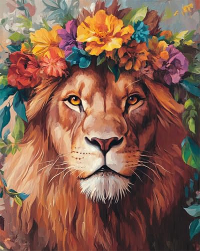 N.LANSHAN Diy-Teppich Knüpfstern Löwe Tier Mit Blumen Auf Dem Kopf Diy-Häkelsets，Stickset，Knüpfteppich-Set Für Anfänger，Handarbeit，Heimdekoration 55x75cm von N.LANSHAN
