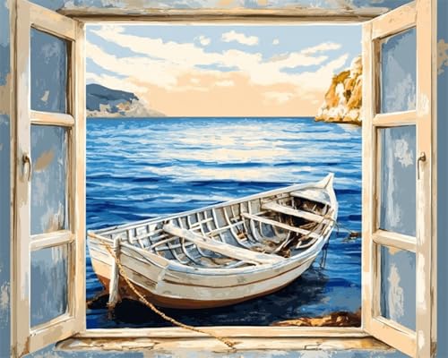 N.LANSHAN Diy-Teppich Knüpfstern Seefischerbootlandschaft Knüpfpackungen Für Teppiche Zum Selbermachen Für Familie Und Freunde,Handarbeit,Kreuzstich,Bastelset,Geschenk 60x90cm von N.LANSHAN