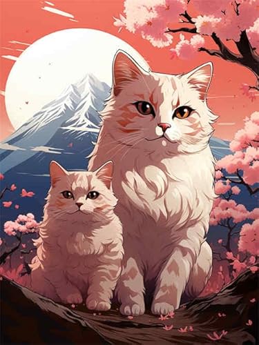 N.LANSHAN Kreuzstich Set Vorgedruckt Erwachsene,Sakura-Bäume Und Katzen Unter Dem Berg Fuji 30X40Cm Stickvorlagen Stickbilder Vorgedruckt Kreuzstich Stickpackungen Stickpackung Stickbild Sti von N.LANSHAN