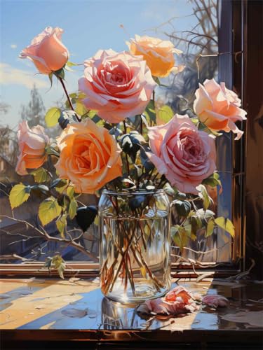 N.LANSHAN Kreuzstich-Set Zum Selbermachen 11 Ct Bunte Rosen In Vase 30X40Cm Von Vorgedruckten Stick-Starter-Sets Für Anfänger, Lesen Von Picasso Diy Stickbilder Vorgedruckt Kreuzstich Für An von N.LANSHAN