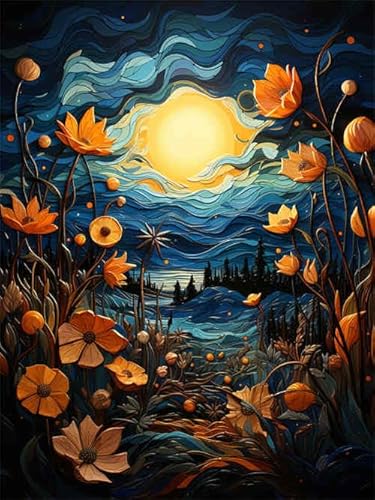 N.LANSHAN Kreuzstich Stickpackungen Vorgedruckt Sonnenblumen Unter Dem Sternenhimmel Von Van Gogh 40X50Cm Vorlagen Sticken Set Vorgedruckt 11Ct 3 Stränge Diy Stickbilder Vorgedruckt Kreuzsti von N.LANSHAN
