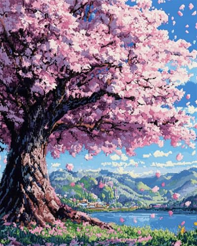N.LANSHAN Teppich DIY Set Knüpfhaken-Set „Pink Flower Tree“，Fantasielandschaft，Knüpfhaken-Teppich-Set，Stickset，Knüpfhaken-Teppich Für Anfänger，Bastelsets，Dekoration 55x75cm von N.LANSHAN
