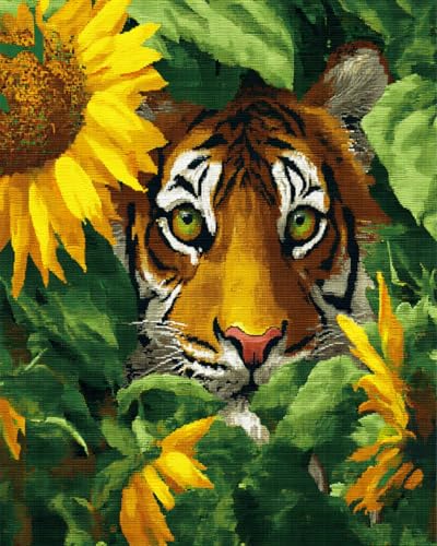 N.LANSHAN Tier Diy Knüpfteppich Tiger Und Sonnenblume Knüpfteppich-Sets Für Anfänger，Diy-Handarbeit，Häkelteppich-Set，Heimdekoration 55x75cm von N.LANSHAN