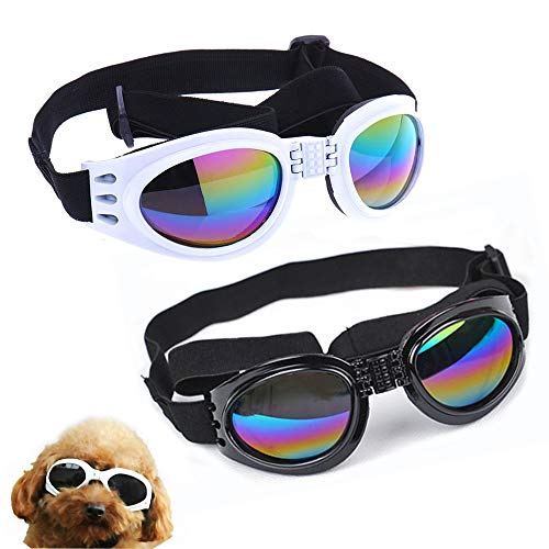 NA/ 2 x Dog Safety Goggles Adjustable Strap Travel Ski UV Protection Waterproof Sunglasses for Dogs (Black, White) von Haohai