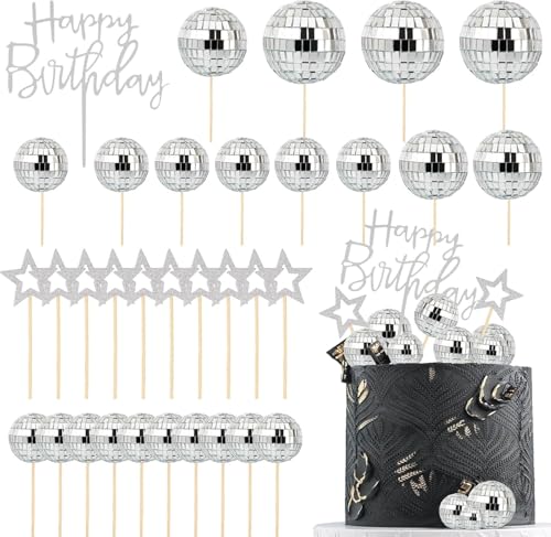 33Pcs Disco Ball Cake Toppers, Happy Birthday Cupcake Picks 1970s Disco Theme Decorations for 70s Disco Birthday Party Favor von NACGUO
